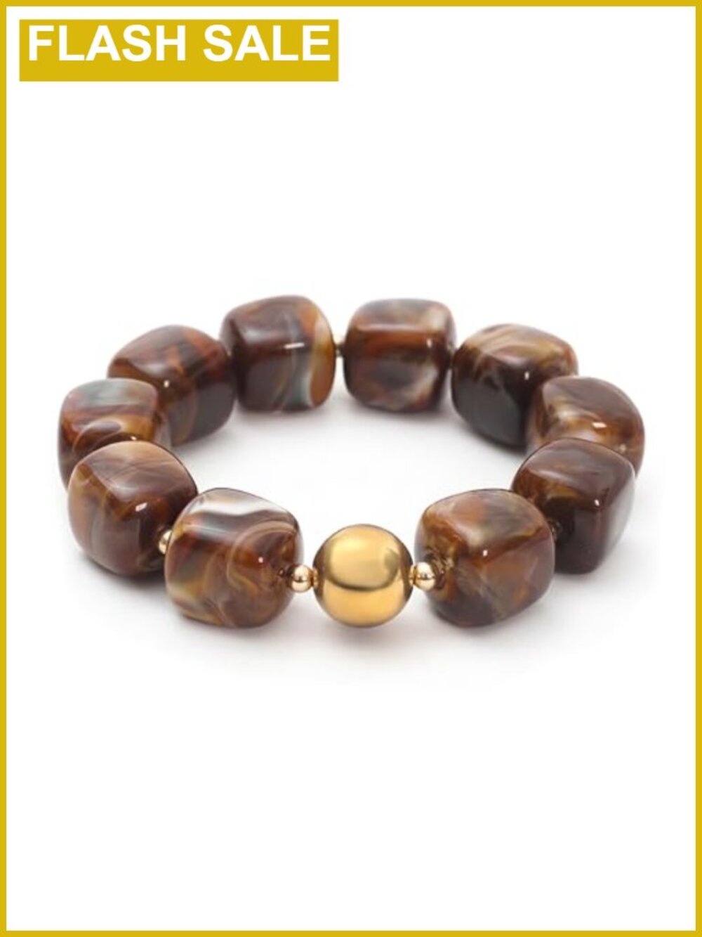 Chunky Acrylic Stretch Bracelet Marble Pattern Gold Accent Beads Boho Statement